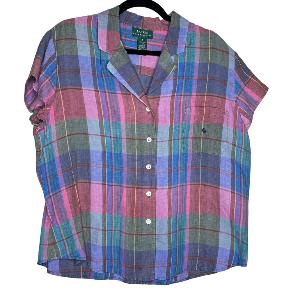 Lauren Ralph Lauren Check Plaid Short Sleeve Button Down Shirt 100% Linen Sz 16